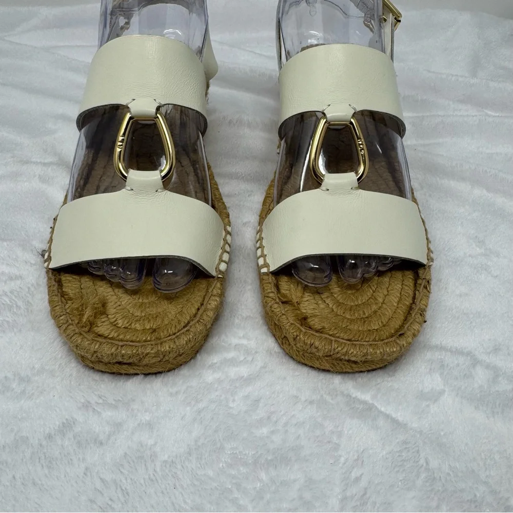 Lauren Ralph‎ Lauren White Leather Bena Wedge Espadrilles Size 7.5 Gold-tone